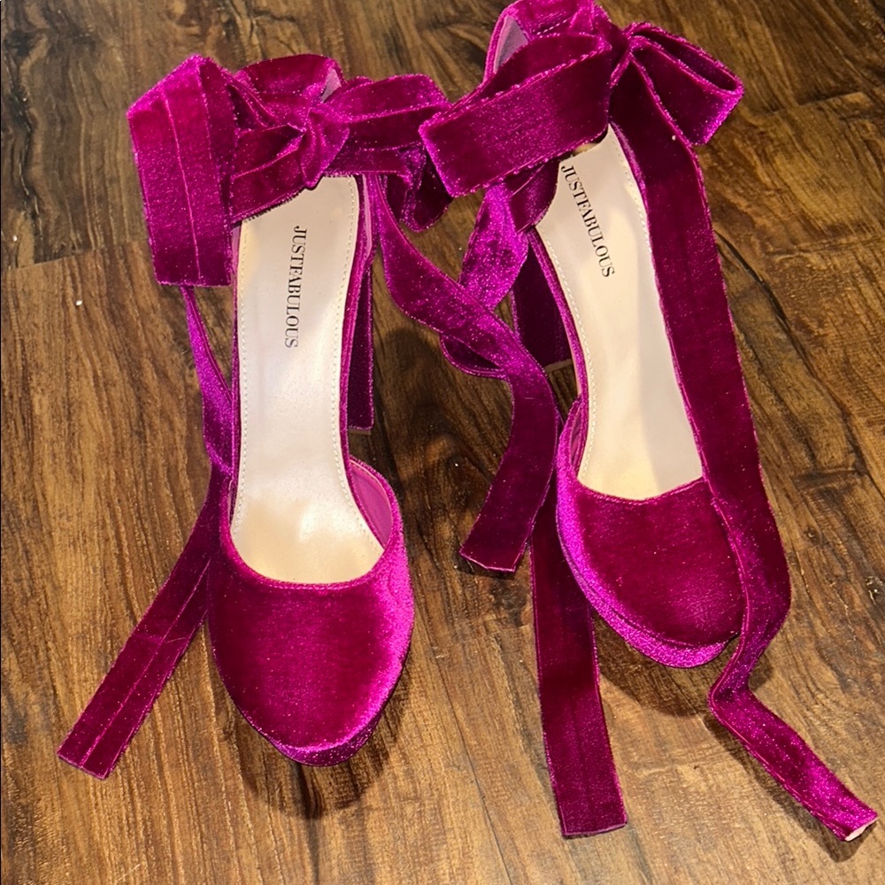 JustFab Velvet Heels - Vibrant Pink - Picture 2 of 5